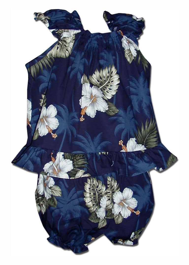 White Hibiscus Monstera Puff Sleeve 2pc — Girls Cabana Sets — MauiShirts (view 3)
