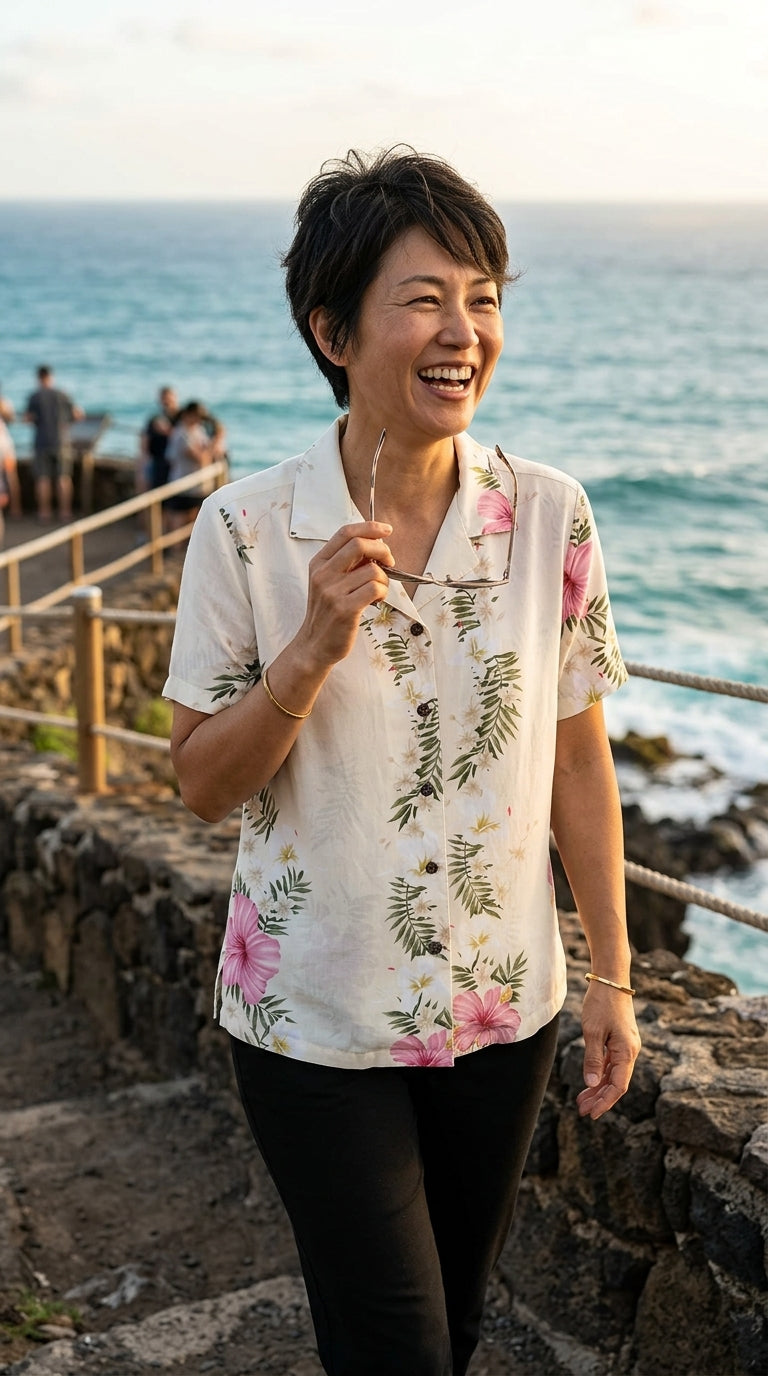 RJC Paradise Lei Panel Women's Hawaiian Camp Shirt – Rayon, Made in Hawaii