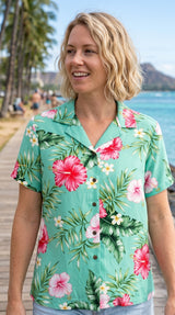 RJC Soft Pink Hibiscus Women's Hawaiian Camp Shirt – Rayon, Made in Hawaii
