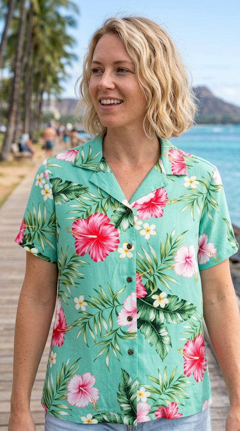 RJC Soft Pink Hibiscus Women's Hawaiian Camp Shirt – Rayon, Made in Hawaii