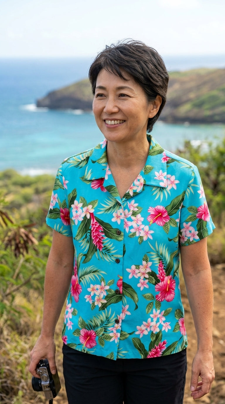RJC White Plumeria Red Hibiscus Women's Hawaiian Camp Shirt – Rayon, Made in Hawaii