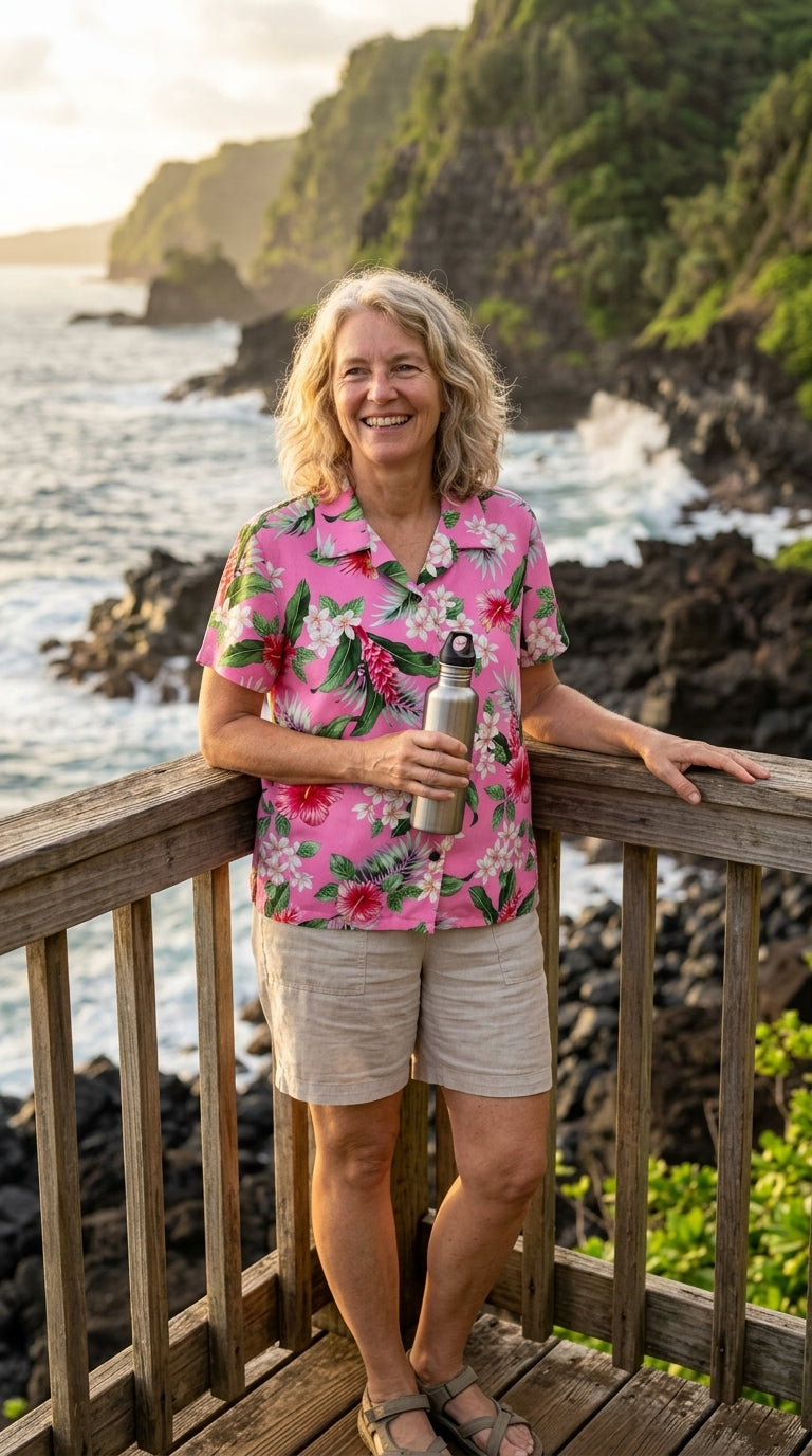 RJC White Plumeria Red Hibiscus Women's Hawaiian Camp Shirt – Rayon, Made in Hawaii