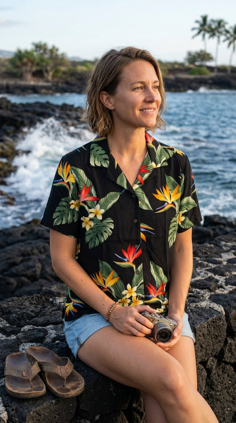 RJC Bird of Paradise Display Women's Hawaiian Camp Shirt – Rayon, Made in Hawaii