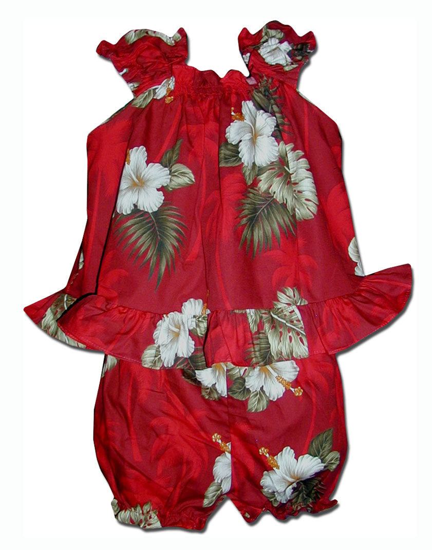 White Hibiscus Monstera Puff Sleeve 2pc — Girls Cabana Sets — MauiShirts