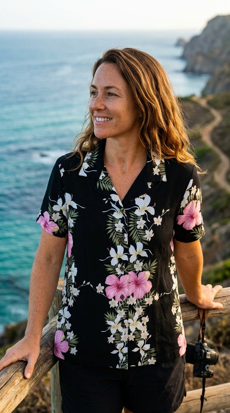 RJC Paradise Lei Panel Women's Hawaiian Camp Shirt – Rayon, Made in Hawaii