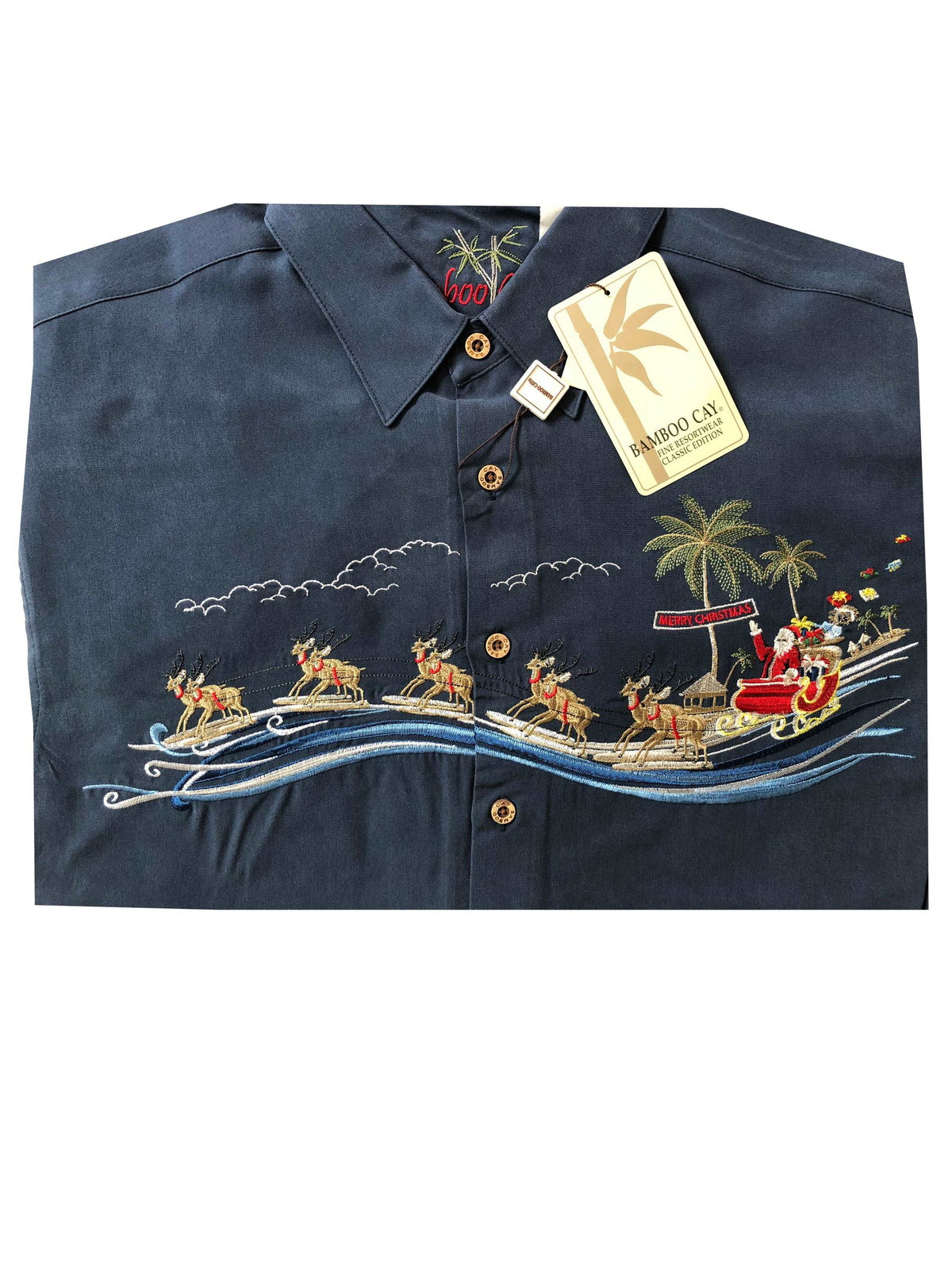 Santa's Landing at the Beach Embroidered Shirt — Men's Embroidered Shirts — BAMBOO CAY (view 3)