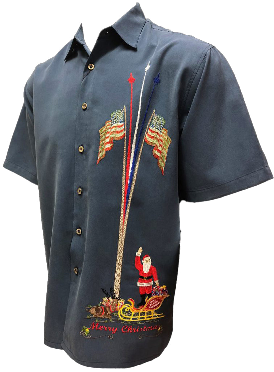Merry Christmas U.S. Flags & Santa — Men's Embroidered Shirts — Bamboo Cay (view 4)