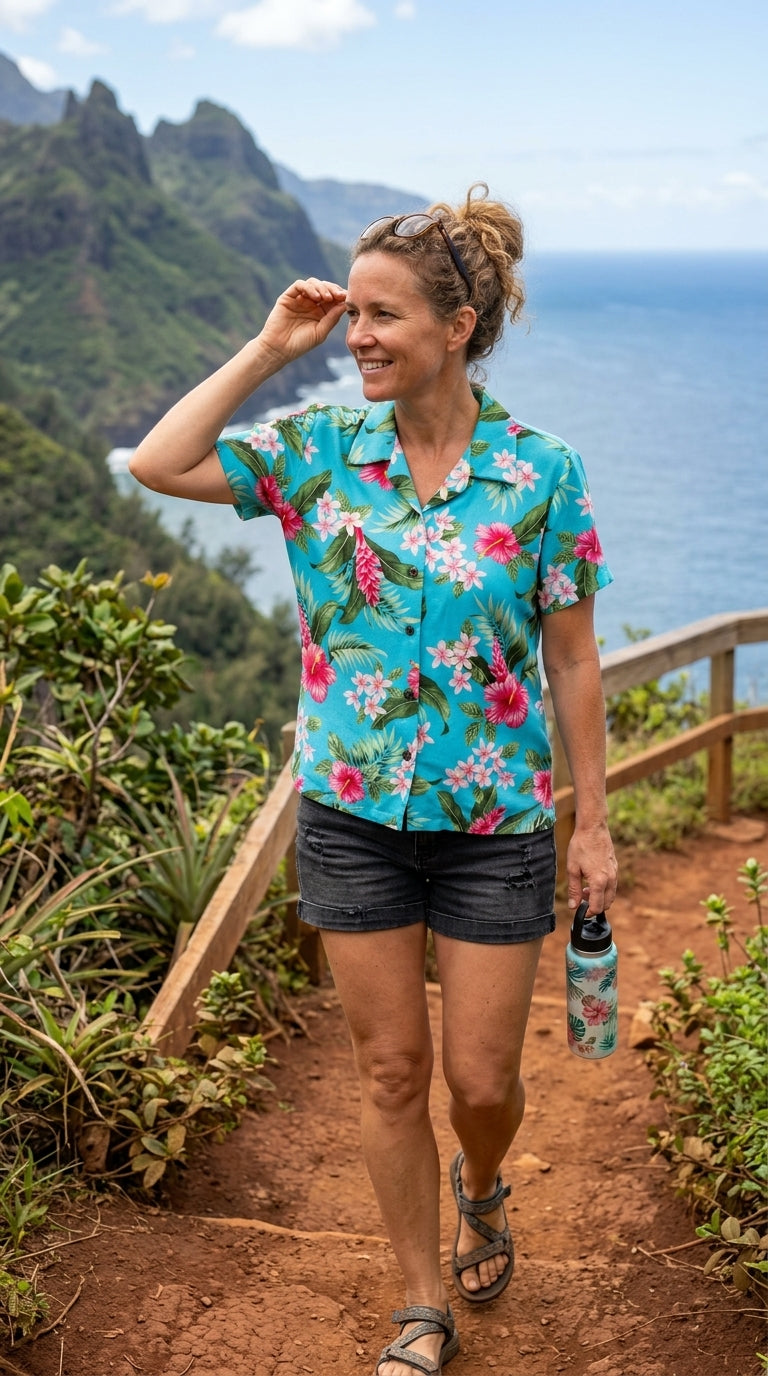 RJC White Plumeria Red Hibiscus Women's Hawaiian Camp Shirt – Rayon, Made in Hawaii