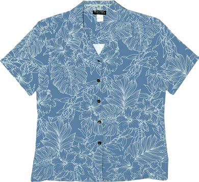 RJC Woodcut Hibiscus Garden Women's Hawaiian Camp Shirt – Rayon, Made in Hawaii