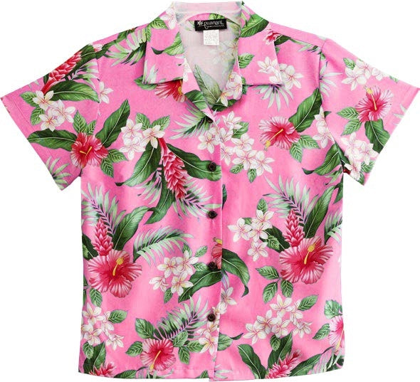 RJC White Plumeria Red Hibiscus Women's Hawaiian Camp Shirt – Rayon, Made in Hawaii