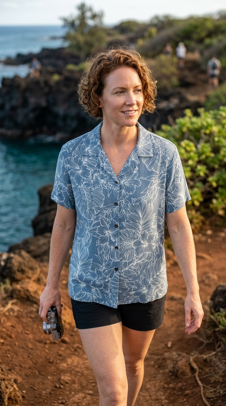 RJC Woodcut Hibiscus Garden Women's Hawaiian Camp Shirt – Rayon, Made in Hawaii