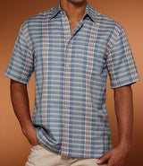 Copen Blue Plaid Linen Blend Cubavera Shirt