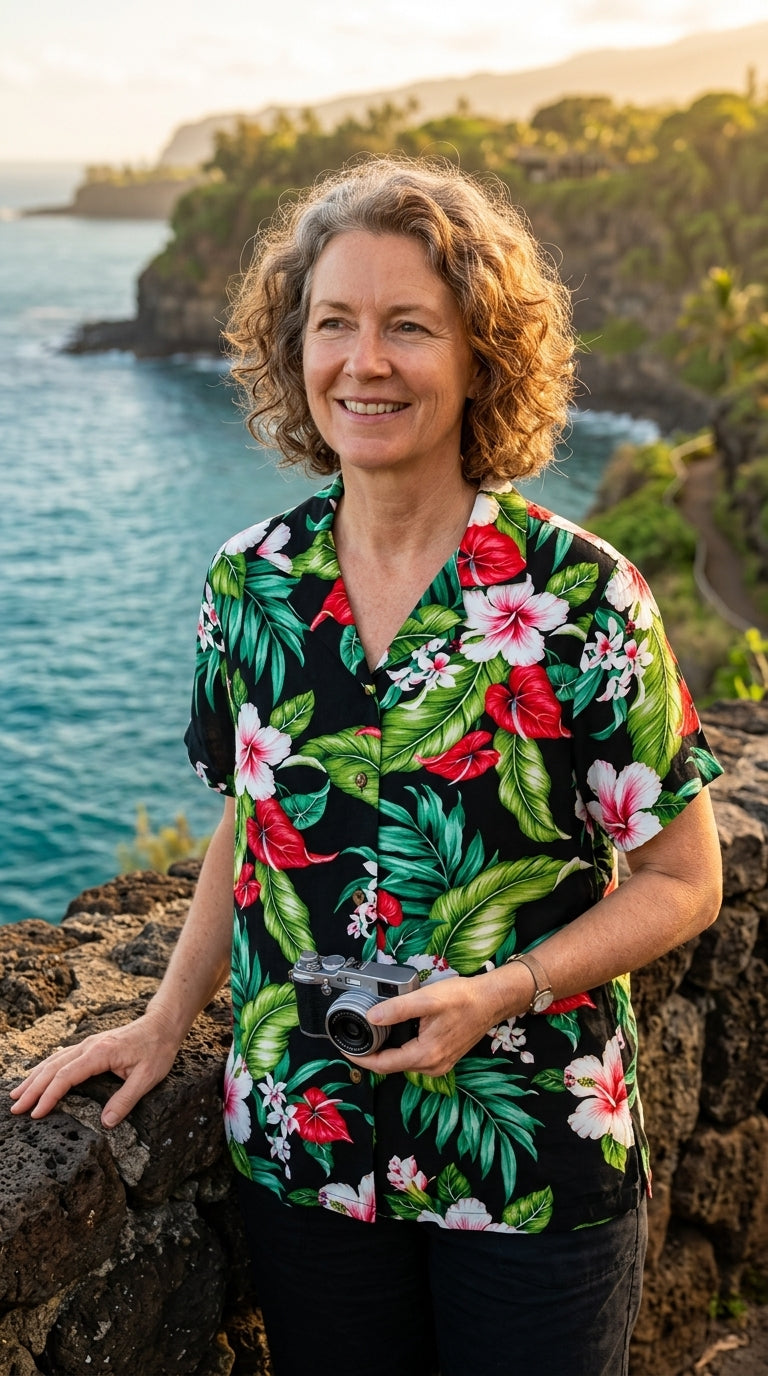 RJC Hibiscus Anthurium Garden Women's Hawaiian Camp Shirt – Rayon, Made in Hawaii