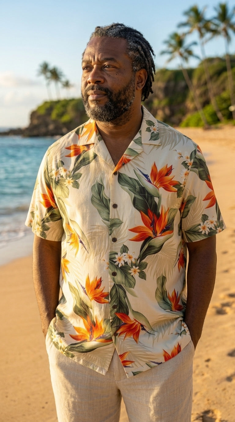 Bird of Paradise Plumeria Men's Shirt — Men's Cotton Shirts — Pacific Legend (view 6)