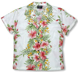Pink White Hibiscus Plumeria Panel Womens Fitted Blouse