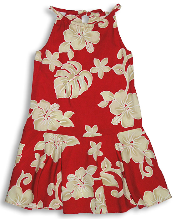 Bold Hibiscus Girl's Drop Waist Halter Dress