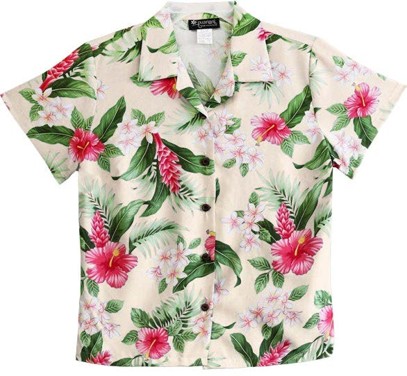RJC White Plumeria Red Hibiscus Women's Hawaiian Camp Shirt – Rayon, Made in Hawaii