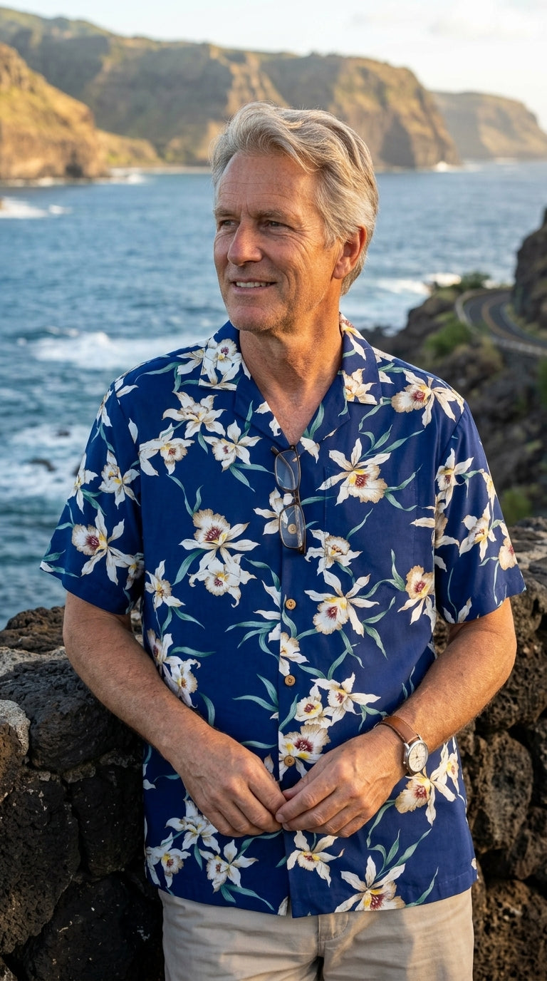 Paradise Found Men's Star Orchid Tom Selleck Magnum PI Hawaiian Shirt — Men's Rayon Shirts — Paradise Found