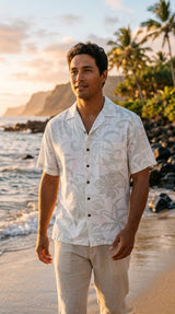 Delicate Tropical Men's Wedding White Aloha Shirt