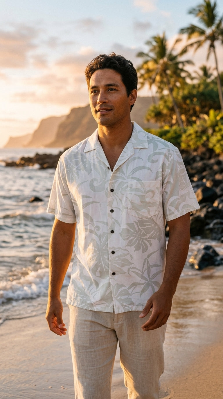 Delicate Tropical Men's Wedding White Aloha Shirt