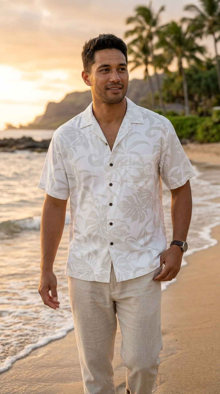 Delicate Tropical Men's Wedding White Aloha Shirt