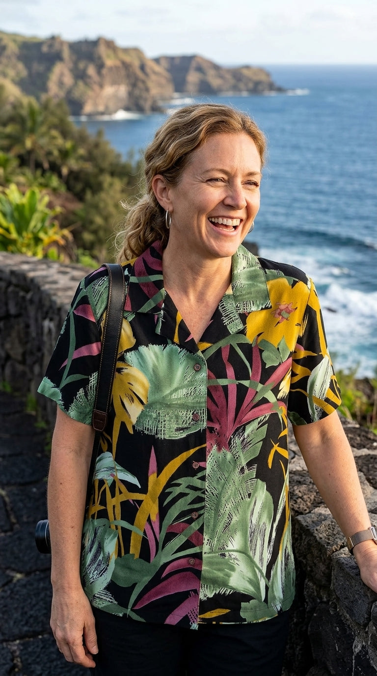 RJC Oriental Watercolor Women's Hawaiian Camp Shirt – Rayon, Made in Hawaii