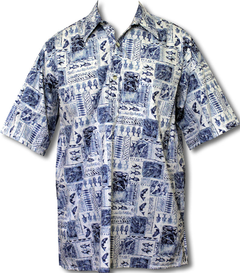 Fish Tapa Reverse Print Pullover Style Cotton Aloha Shirt