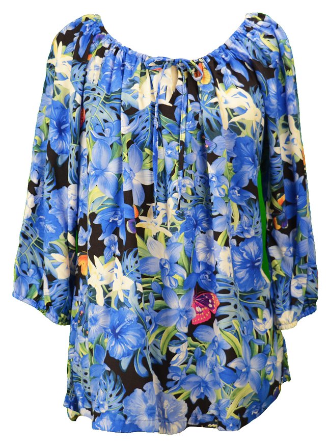 Hibiscus Butterfly Orchid Womens Peasant Blouse