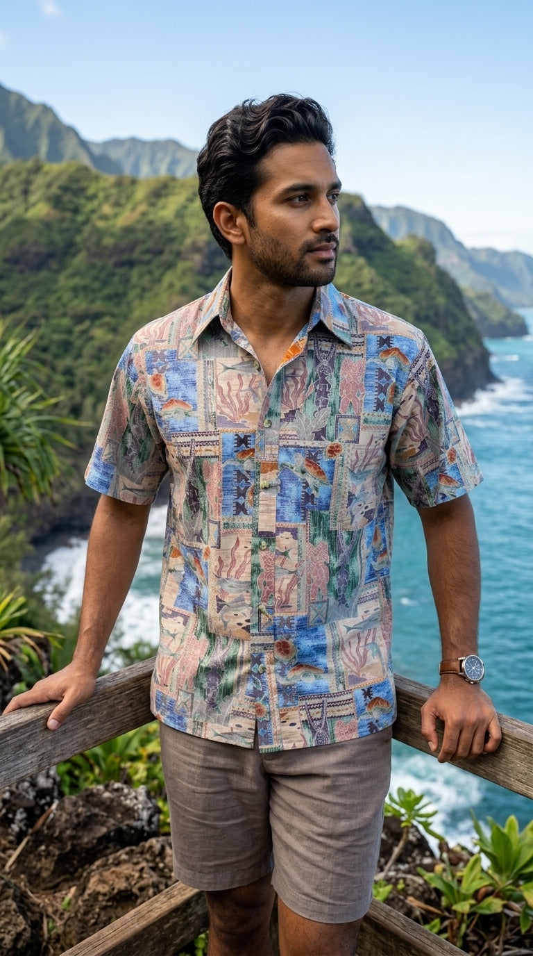 Honu Tapa Go Barefoot Placket Reverse Shirt — Men's Reverse Print Shirts — Go Barefoot (view 7)