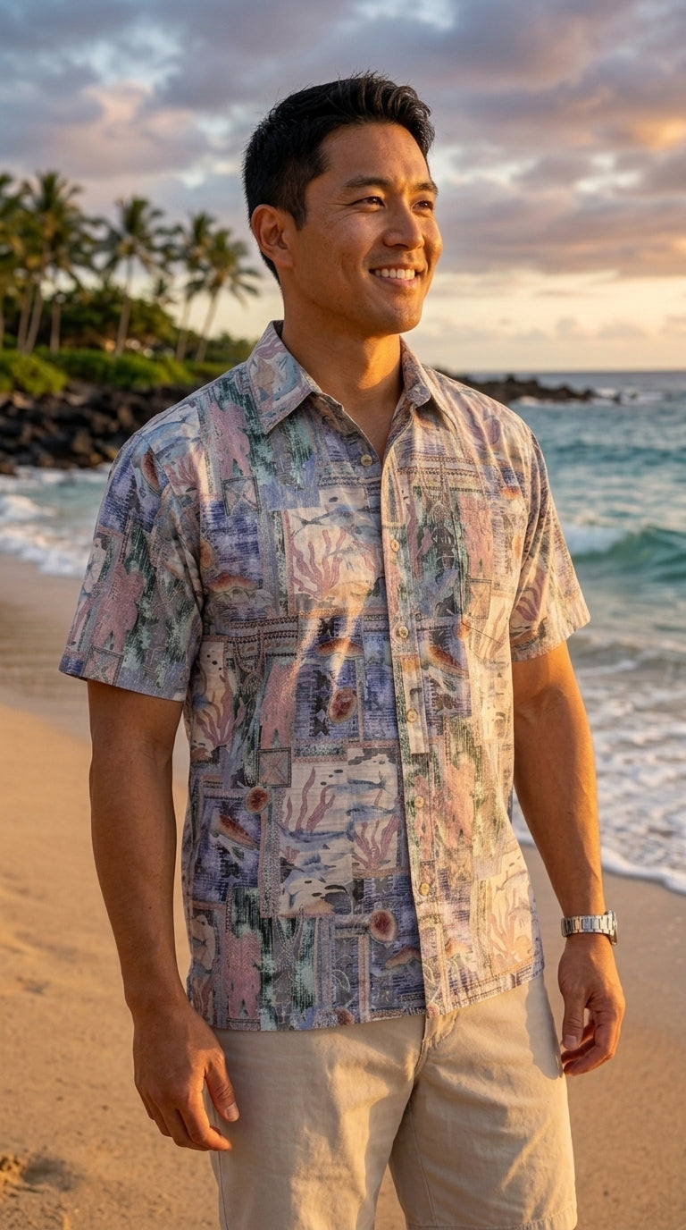 Honu Tapa Go Barefoot Placket Reverse Shirt — Men's Reverse Print Shirts — Go Barefoot (view 3)