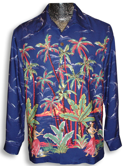 Hula Girl Palm Kamehameha Style Long Sleeve Shirt