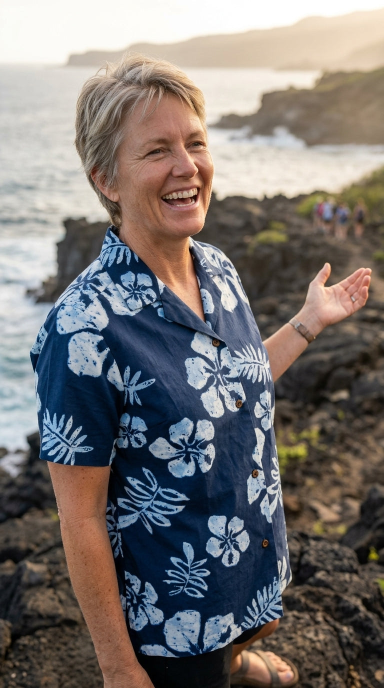 Old School Hibiscus Women's Hawaiian Camp Shirt