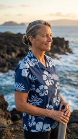 Old School Hibiscus Women's Hawaiian Camp Shirt