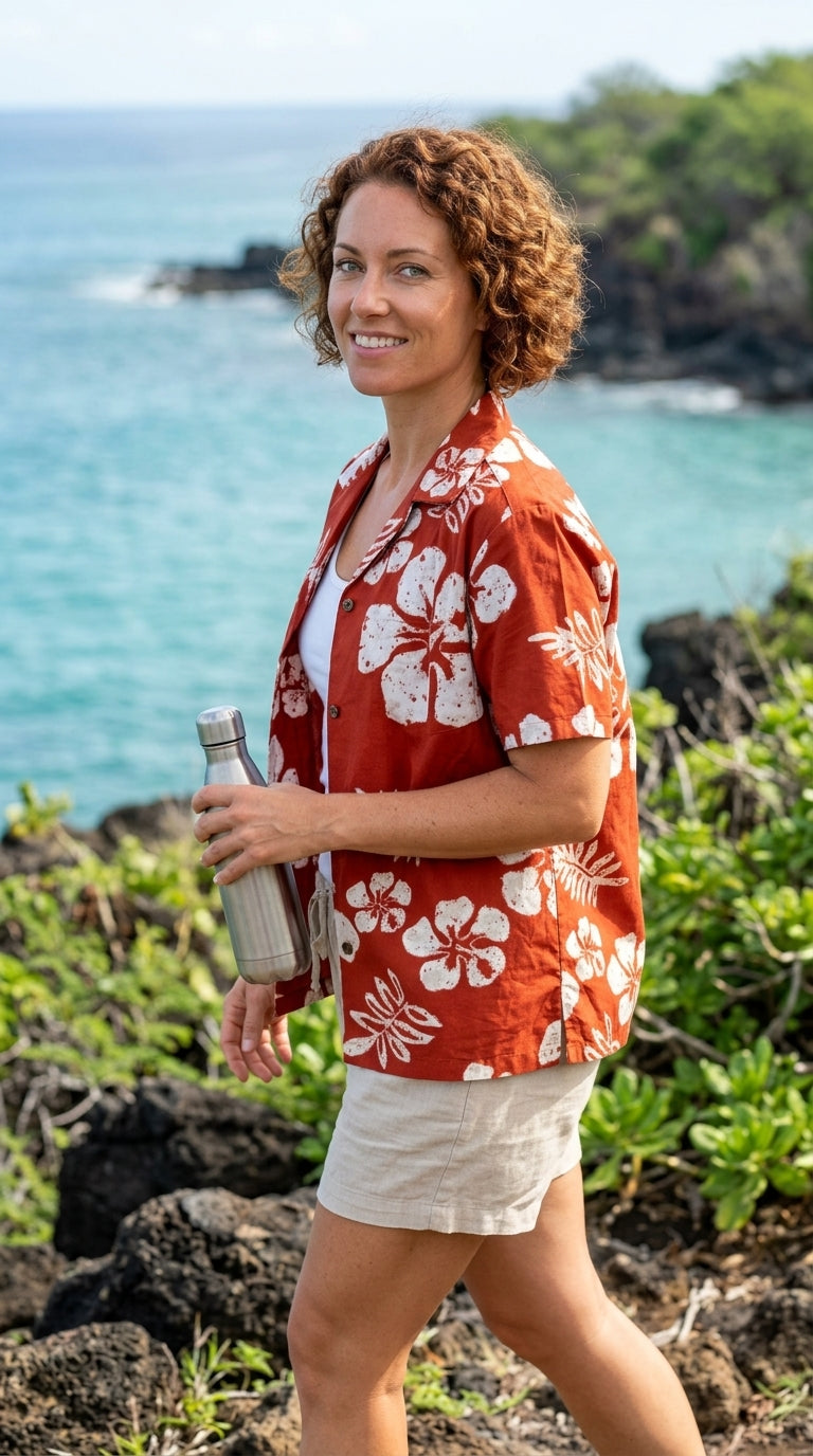 Old School Hibiscus Women's Hawaiian Camp Shirt