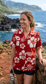 Old School Hibiscus Women's Hawaiian Camp Shirt