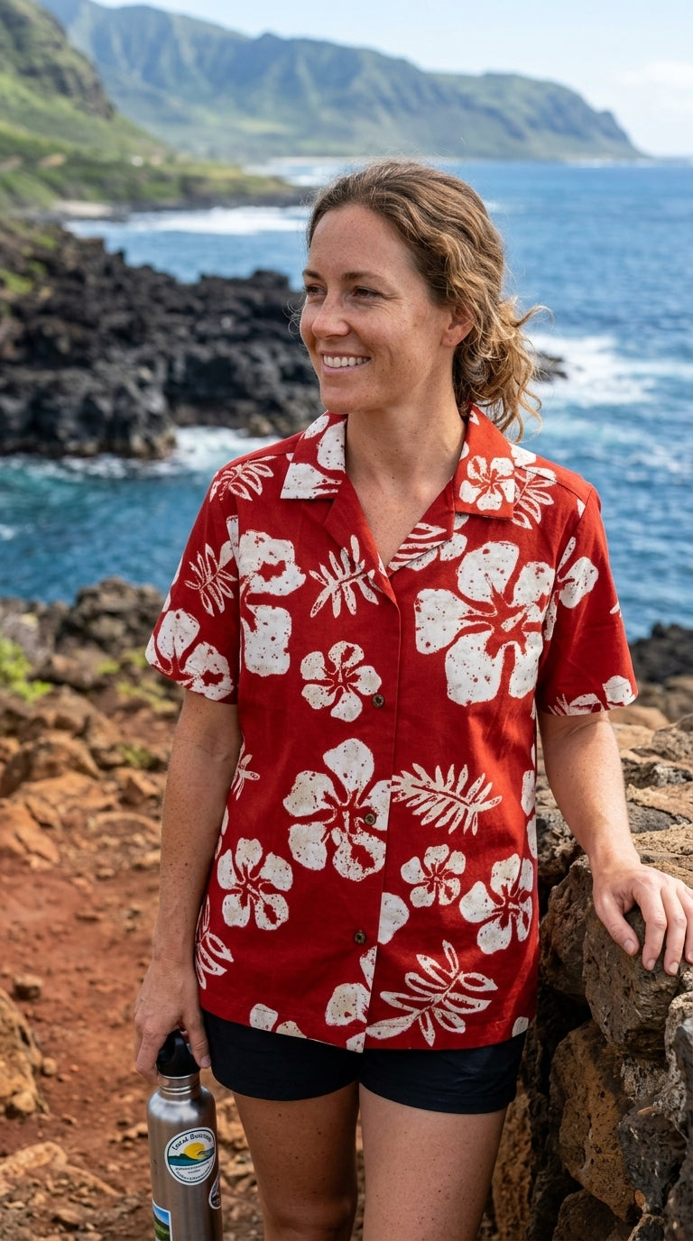 Old School Hibiscus Women's Hawaiian Camp Shirt