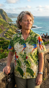 Parrot Monstera Women's Hawaiian Camp Shirt — Womens Cotton Shirts — RJC