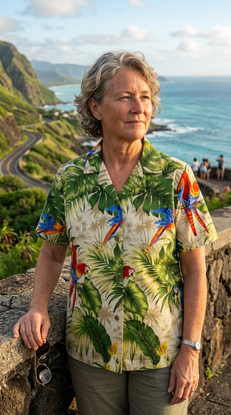 Parrot Monstera Women's Hawaiian Camp Shirt — Womens Cotton Shirts — RJC