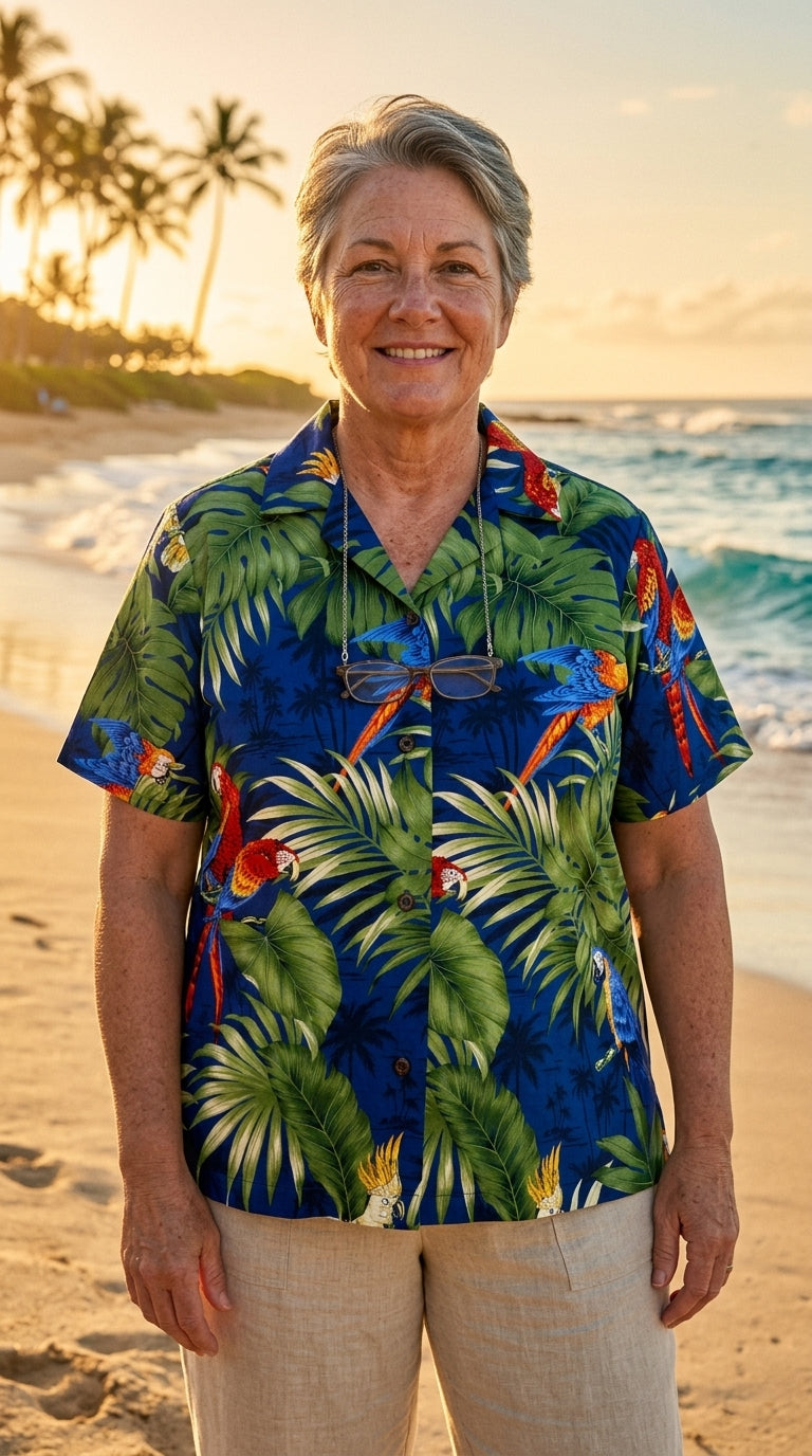 Parrot Monstera Women's Hawaiian Camp Shirt — Womens Cotton Shirts — RJC