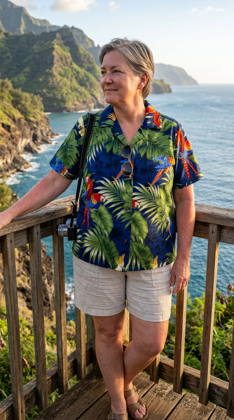 Parrot Monstera Women's Hawaiian Camp Shirt — Womens Cotton Shirts — RJC