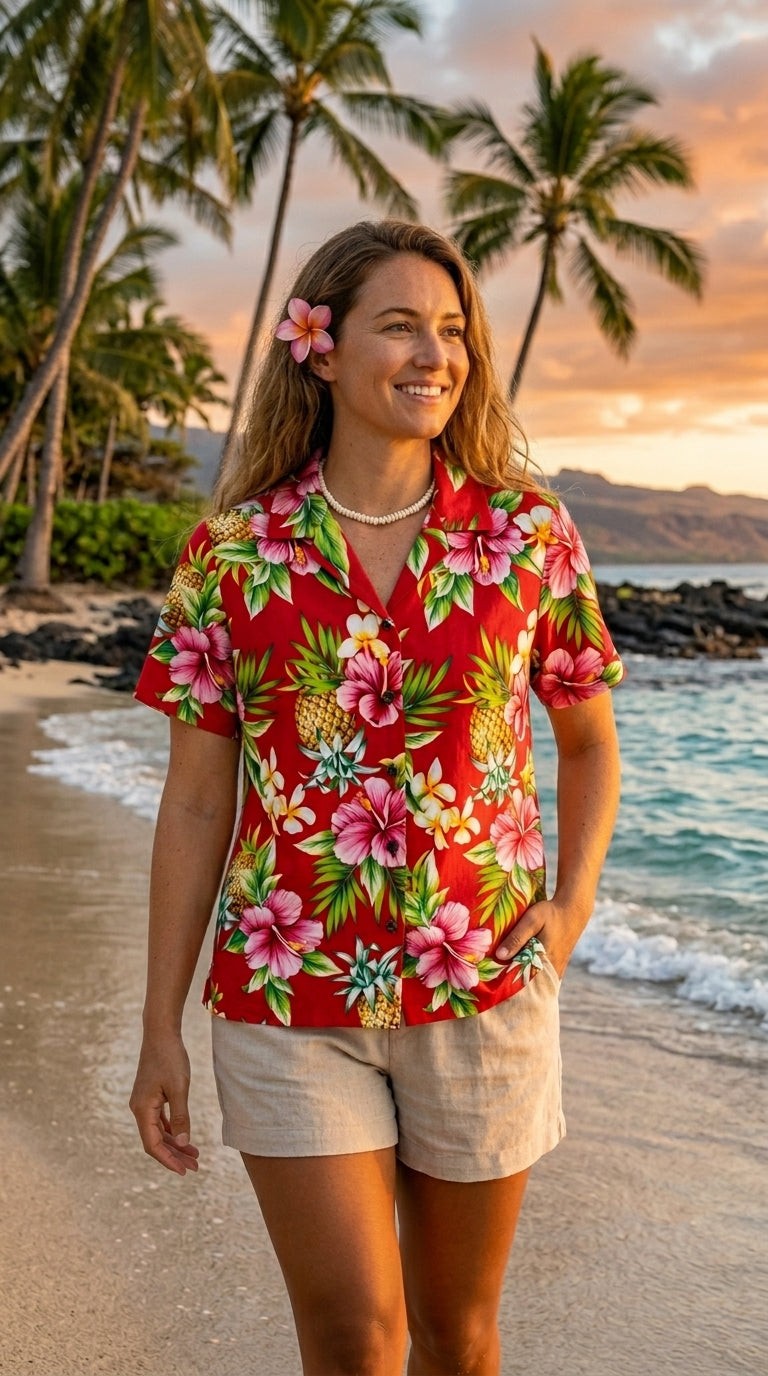 Pineapple HIbiscus Women's Hawaiian Camp Shirt — Womens Cotton Shirts — RJC