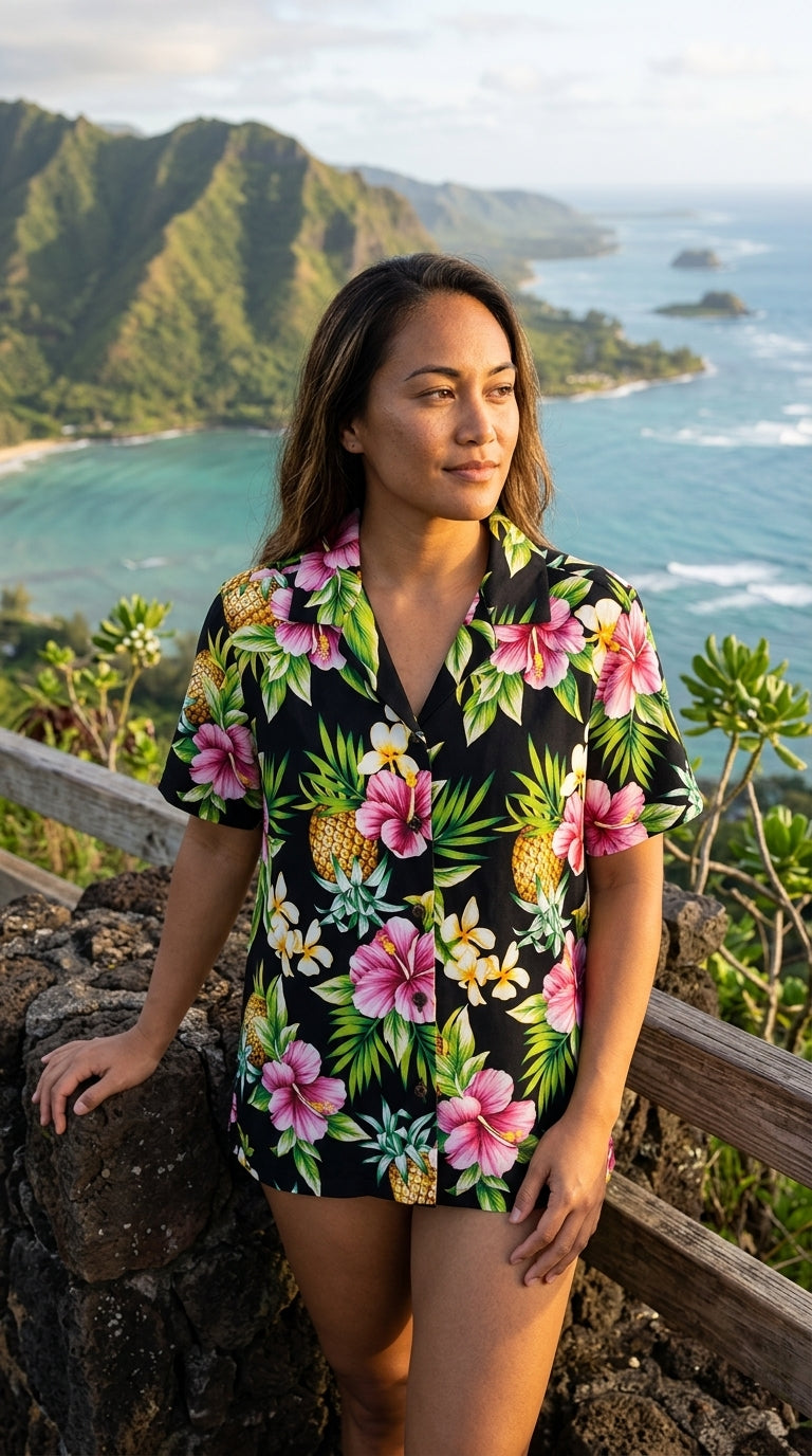 Pineapple HIbiscus Women's Hawaiian Camp Shirt — Womens Cotton Shirts — RJC