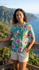 Pineapple HIbiscus Women's Hawaiian Camp Shirt — Womens Cotton Shirts — RJC