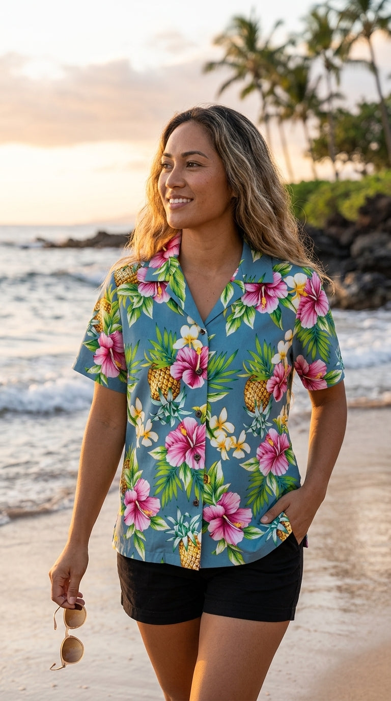 Pineapple HIbiscus Women's Hawaiian Camp Shirt — Womens Cotton Shirts — RJC