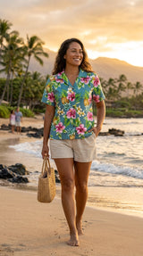 Pineapple HIbiscus Women's Hawaiian Camp Shirt — Womens Cotton Shirts — RJC