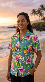 Pineapple HIbiscus Women's Hawaiian Camp Shirt — Womens Cotton Shirts — RJC