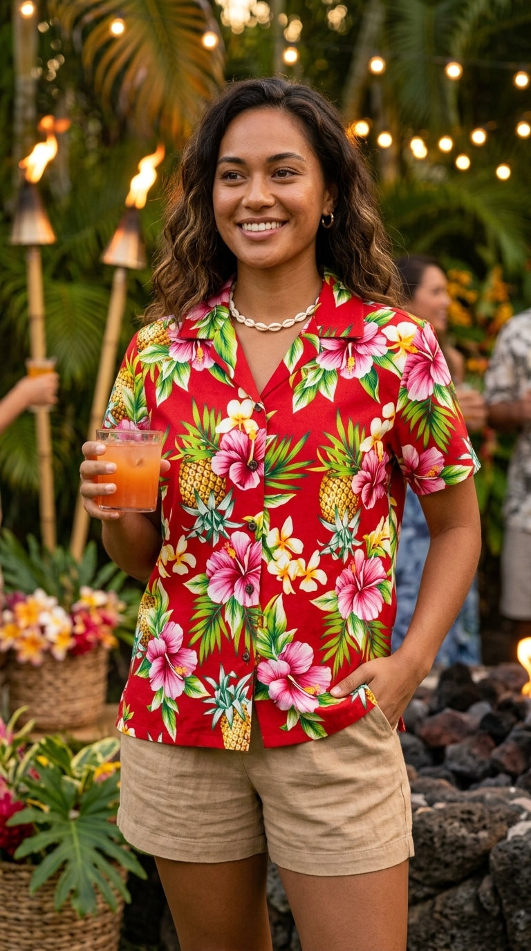 Pineapple HIbiscus Women's Hawaiian Camp Shirt — Womens Cotton Shirts — RJC