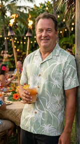 Men's Pineapple Luau, Wood Buttons, Luau, Dinner, Vacation, Aloha Friday, Made in Hawaii, Fabric: 100% Rayon, Fits: Larger Than Expected