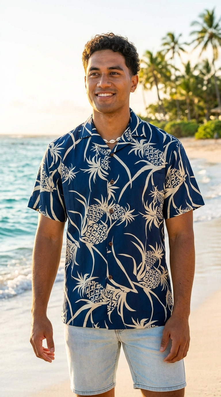 Men's Pineapple Luau, Wood Buttons, Luau, Dinner, Vacation, Aloha Friday, Made in Hawaii, Fabric: 100% Rayon, Fits: Larger Than Expected
