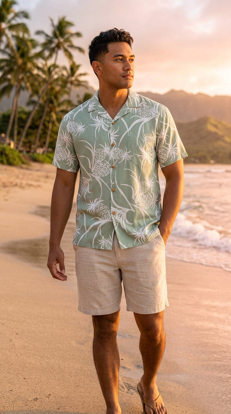 Men's Pineapple Luau, Wood Buttons, Luau, Dinner, Vacation, Aloha Friday, Made in Hawaii, Fabric: 100% Rayon, Fits: Larger Than Expected